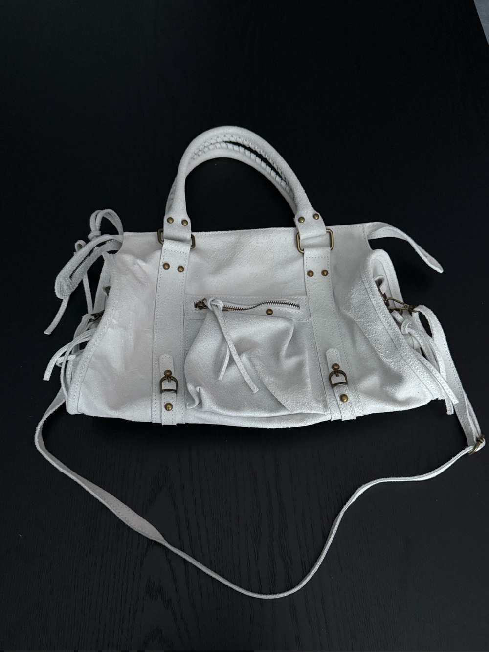 Gave Lux White Leather Shoulder Bag with Top Handles and Crossbody Strap